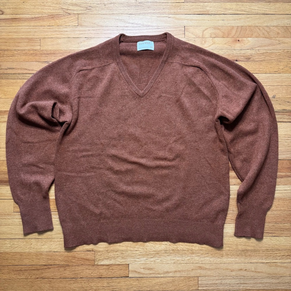 Thane Vintage 100% Cashmere V-Neck Sweater Men's Medium Rust Brown Knit 1970's